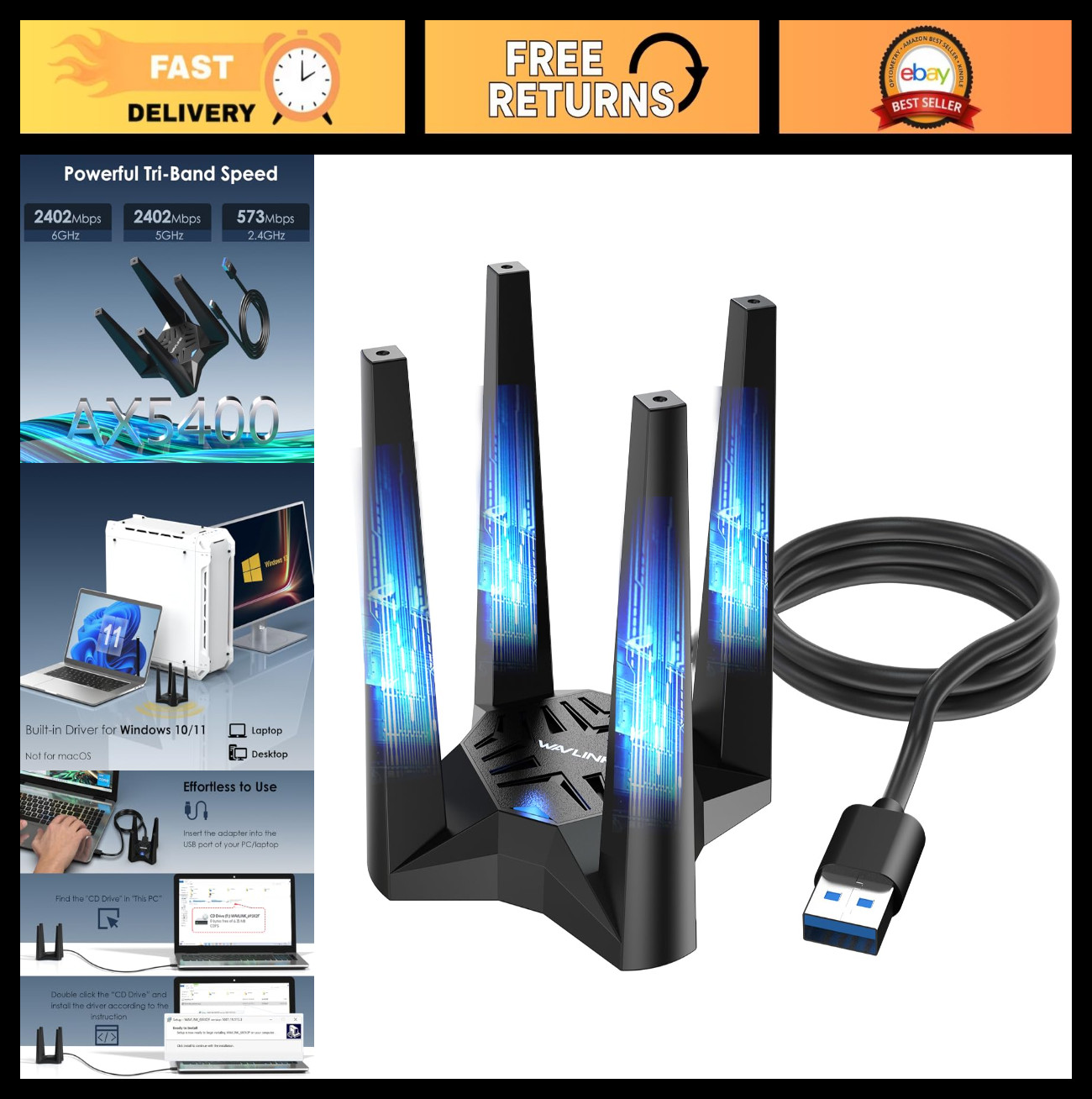 High-Speed USB WiFi Adapter for Desktop PC, AX5400 Tri-Band Wireless, MU-MIMO, W