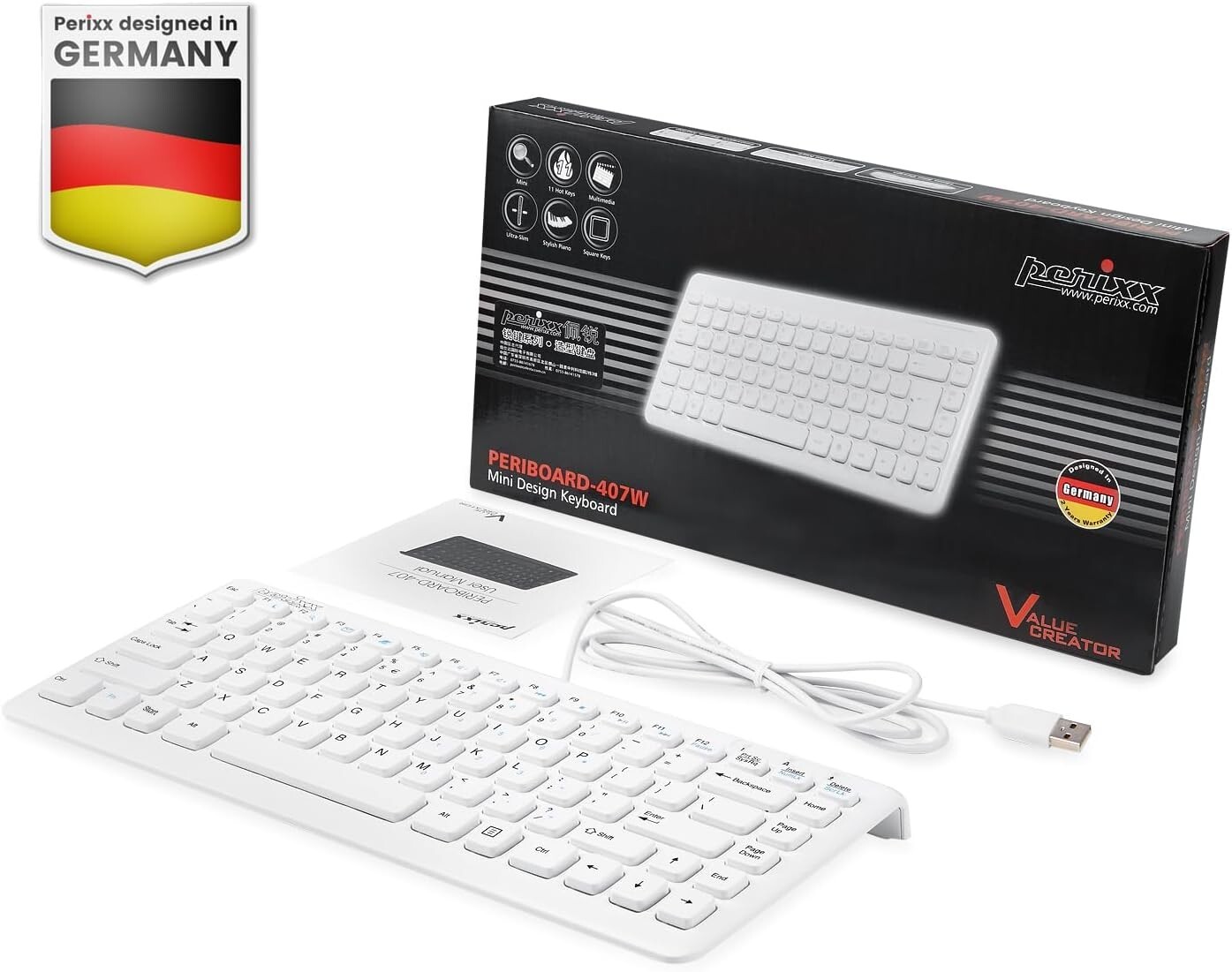 Perixx PERIBOARD-407W US, Wired USB Mini Keyboard with 11 Hot Keys -Glossy White