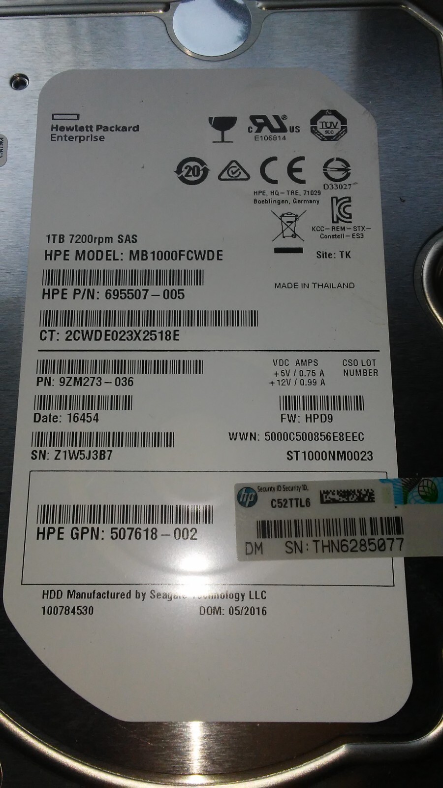 HP  HDD 1TB , MB 1000FCWDE, 653947-001, HPE 507618-002 , HPE 695507-005, 3.5 w C