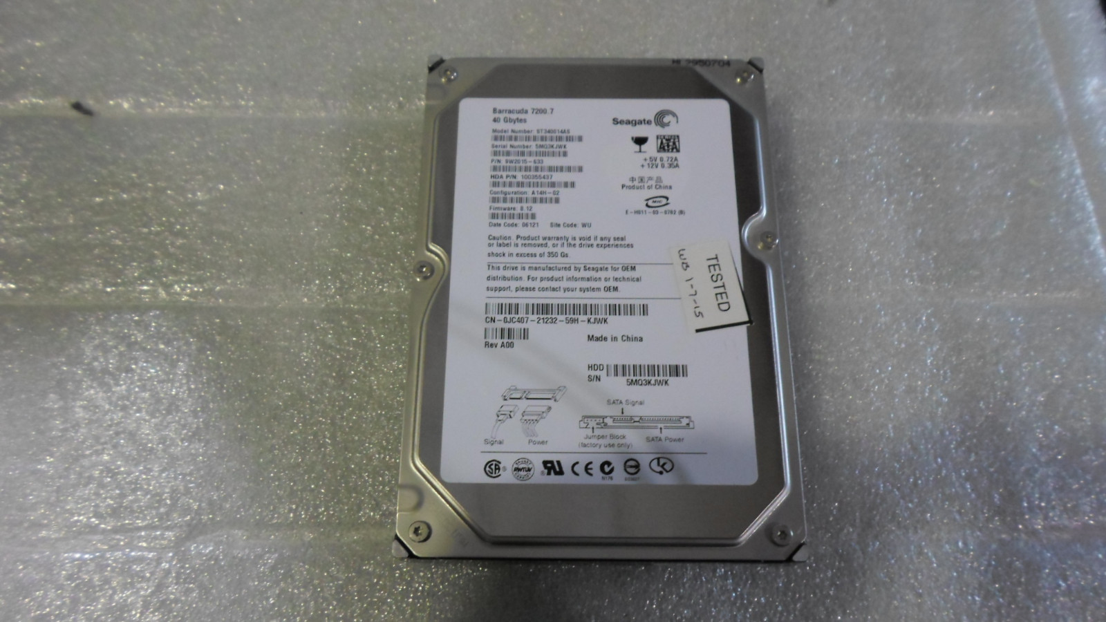 SEAGATE ST340014AS 9W2015-633 DELL 0JC407 40GB HDD BARRACUDA 7200.7 USED 