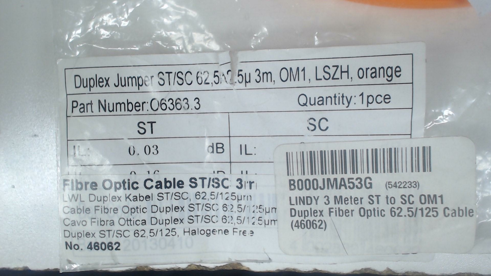 3M Duplex Jumper ST / SC 62.5 Fiber Optic Cable OEM