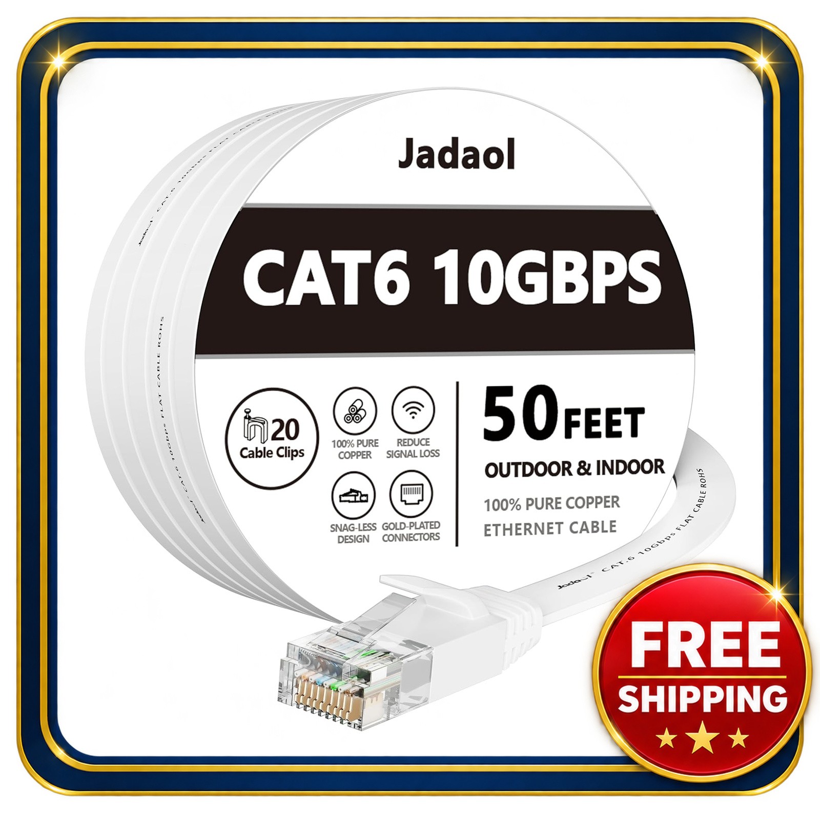 Ethernet Cable 50FT Cat6 Flat RJ45 Network Patch White