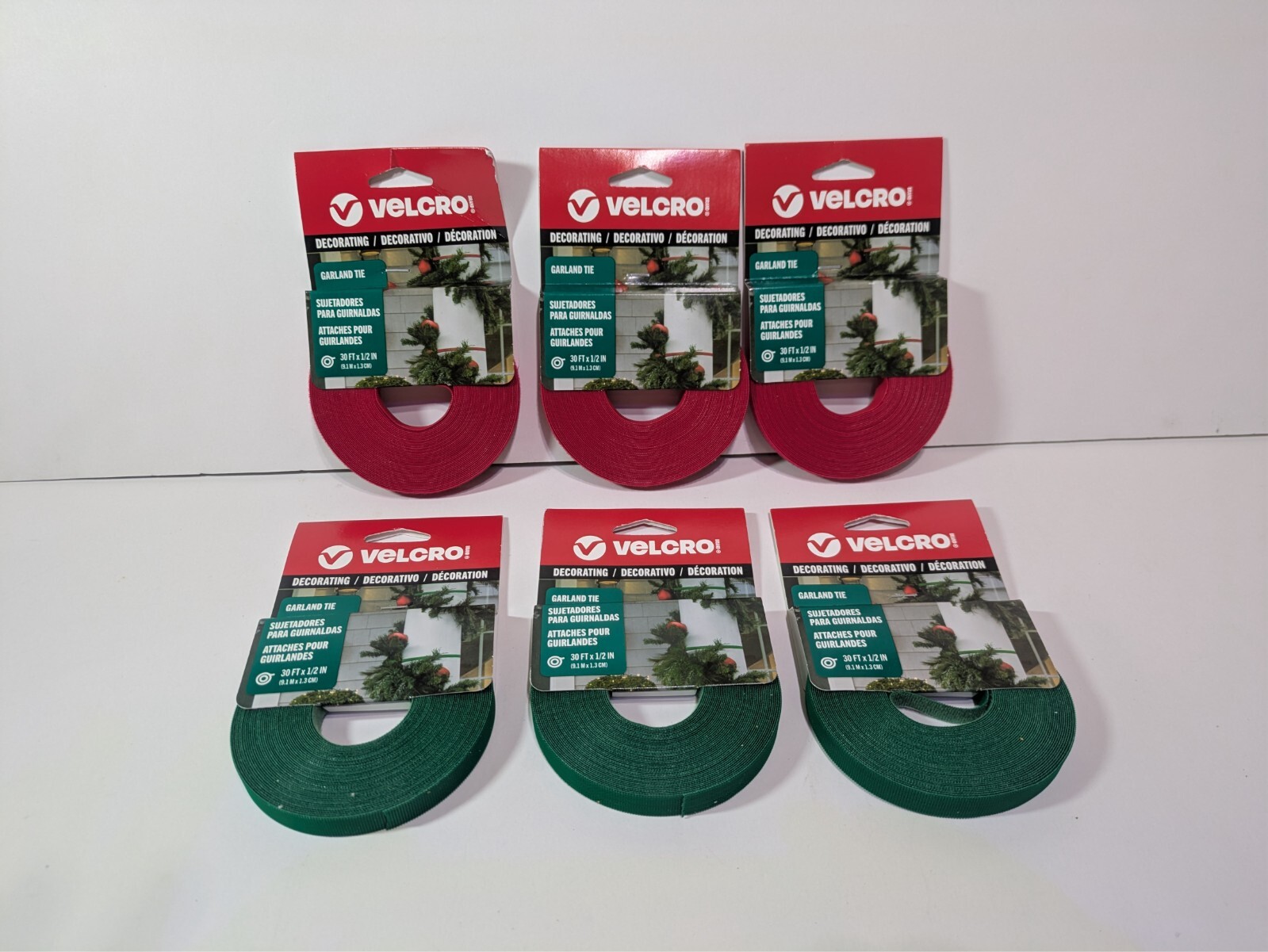 Velcro Brand 30FT x 1/2IN Red & Green Garland Tie NIP 3 Red and 3 Green Rolls
