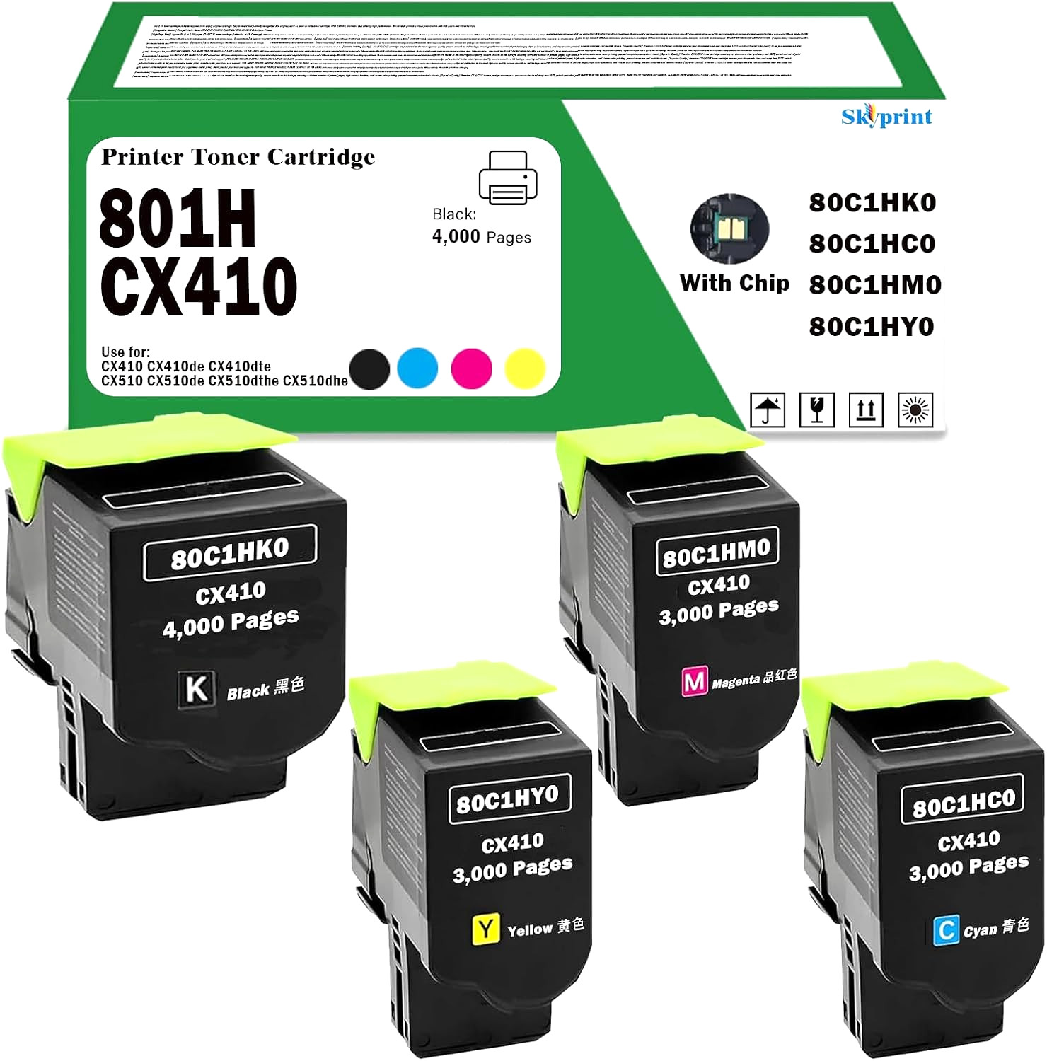 Toner Cartridge (80C1HK0, 80C1HC0, 80C1HM0, 80C1HY0) for Lexmark CX410 & CX510