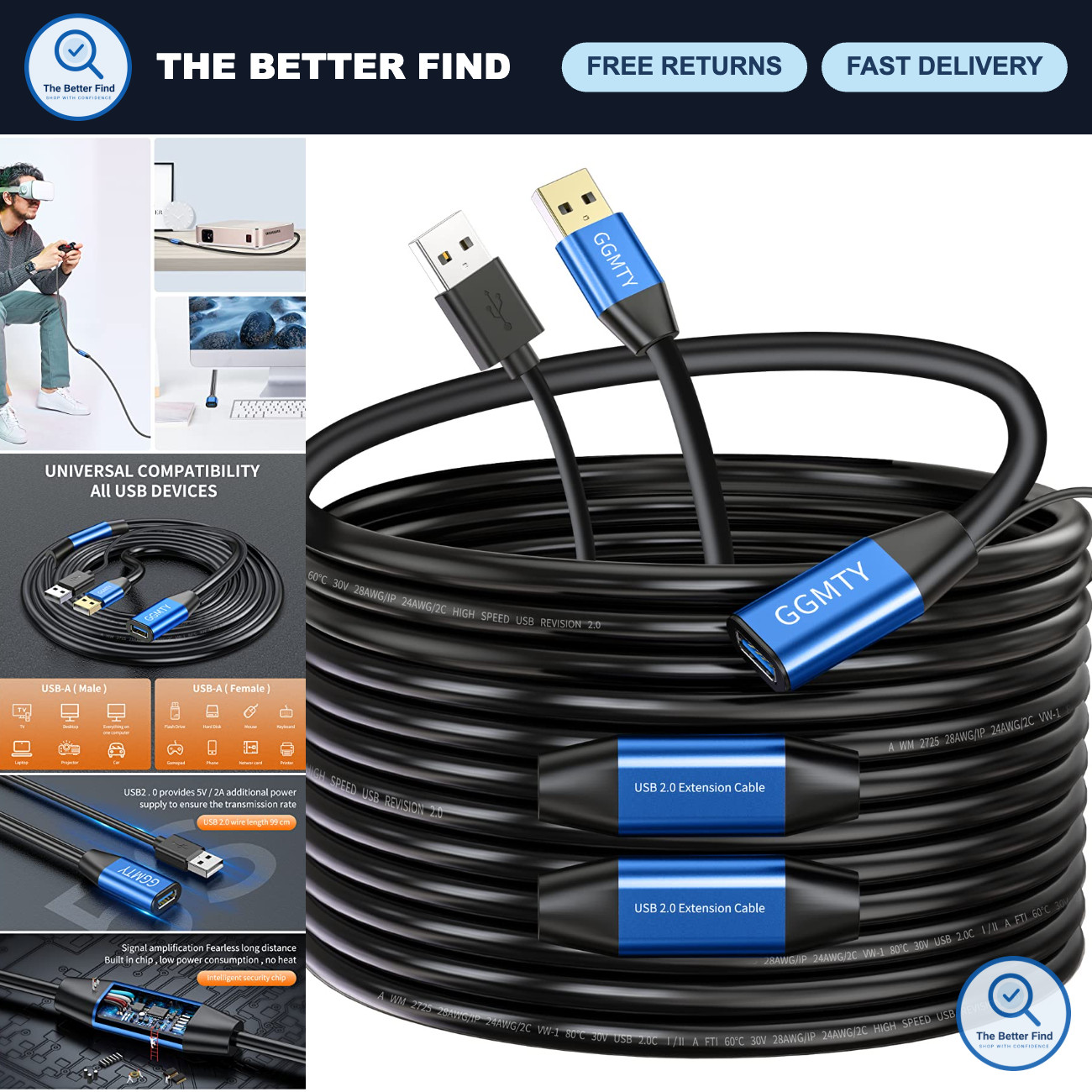 75FT USB 2.0 Active Extension Cable, Type A Male to Female, High-Speed Data Tran
