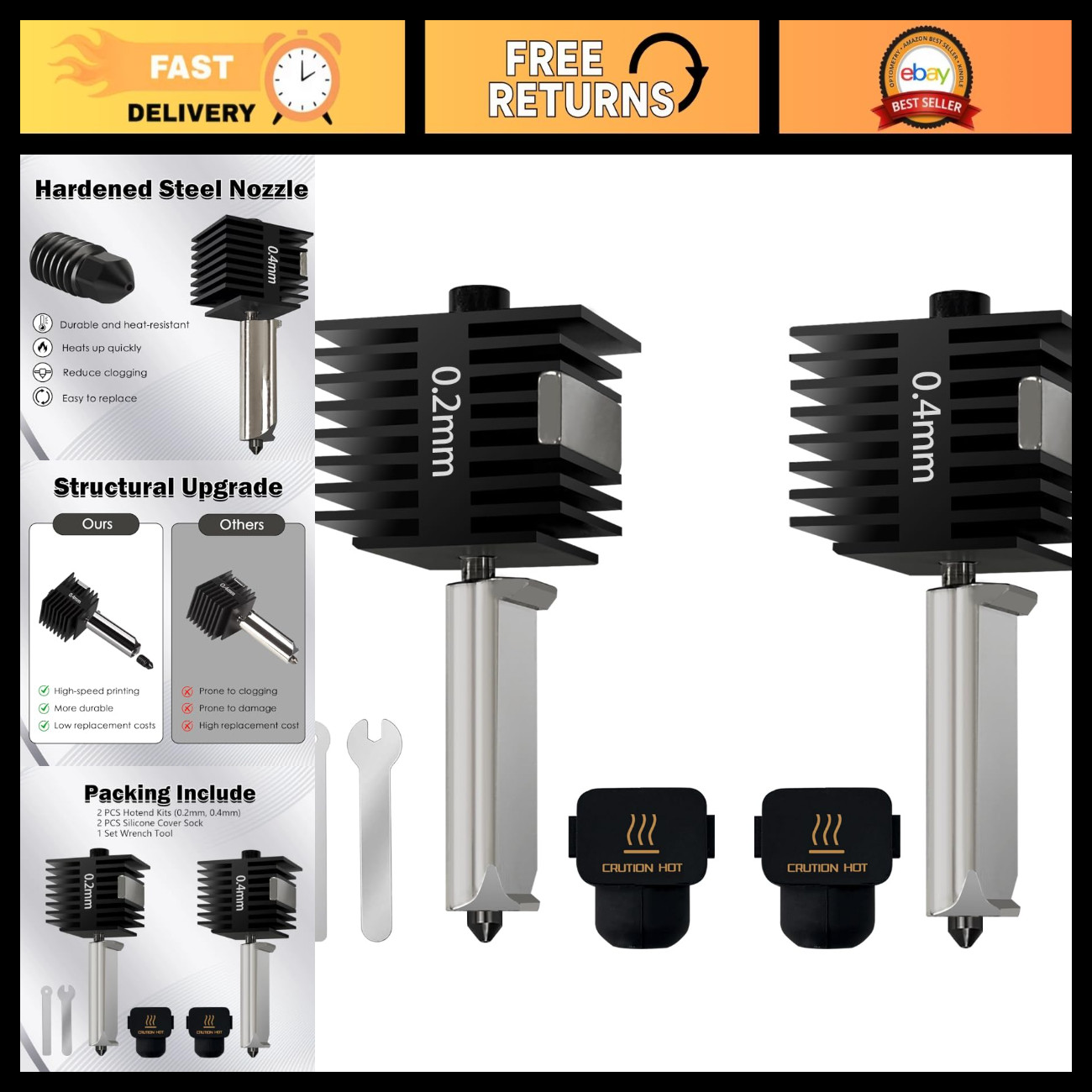 2 PCS Mini Hotend Kits 0.2/0.4MM Removable Hardened Steel Nozzle for 3D Printers
