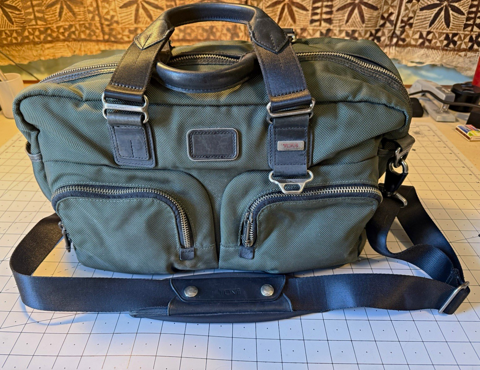 Tumi Alpha Bravo Everett Essential Tote in spruce/olive green, orange lining