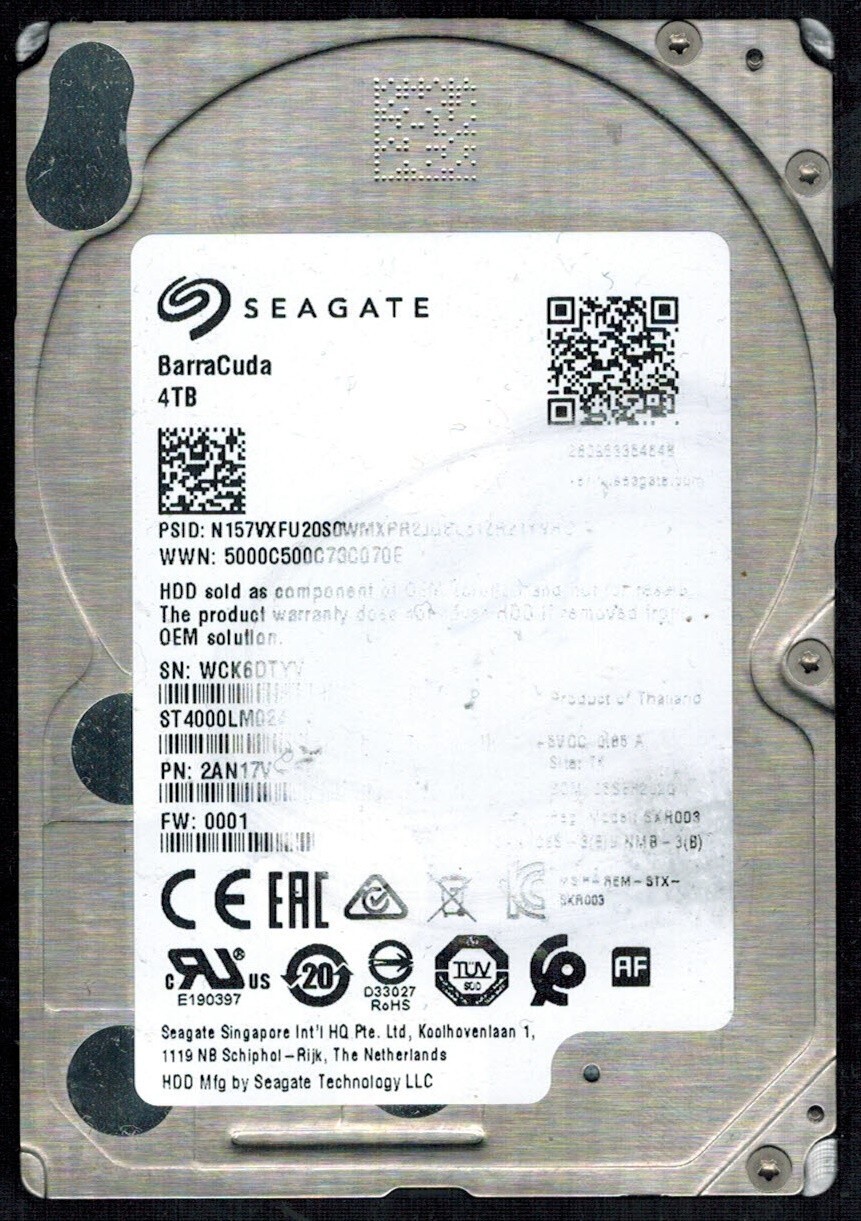 ST4000LM024 P/N: 2AN17V-566 F/W: 0001 S/N: WCK6 TK 4TB SEP 2020 THAILAND SEAGATE