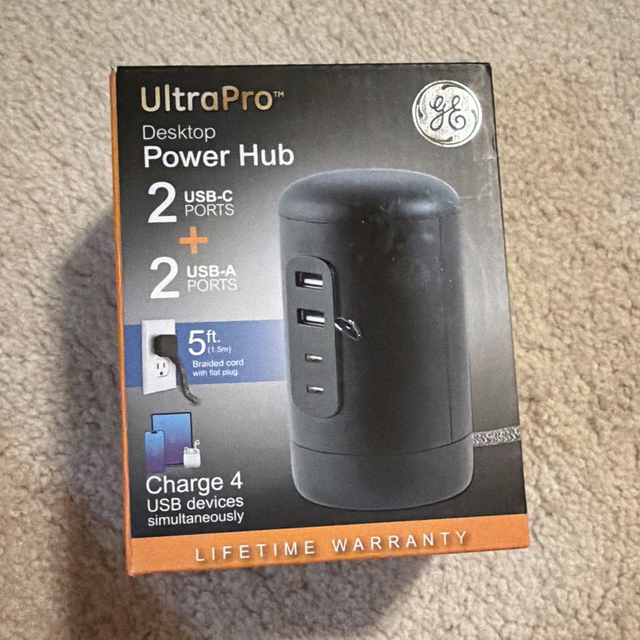 GE UltraPro Desktop Power Hub 2 USB-C 2 USB-A 42W 30W PD 5ft Braided Cord Black