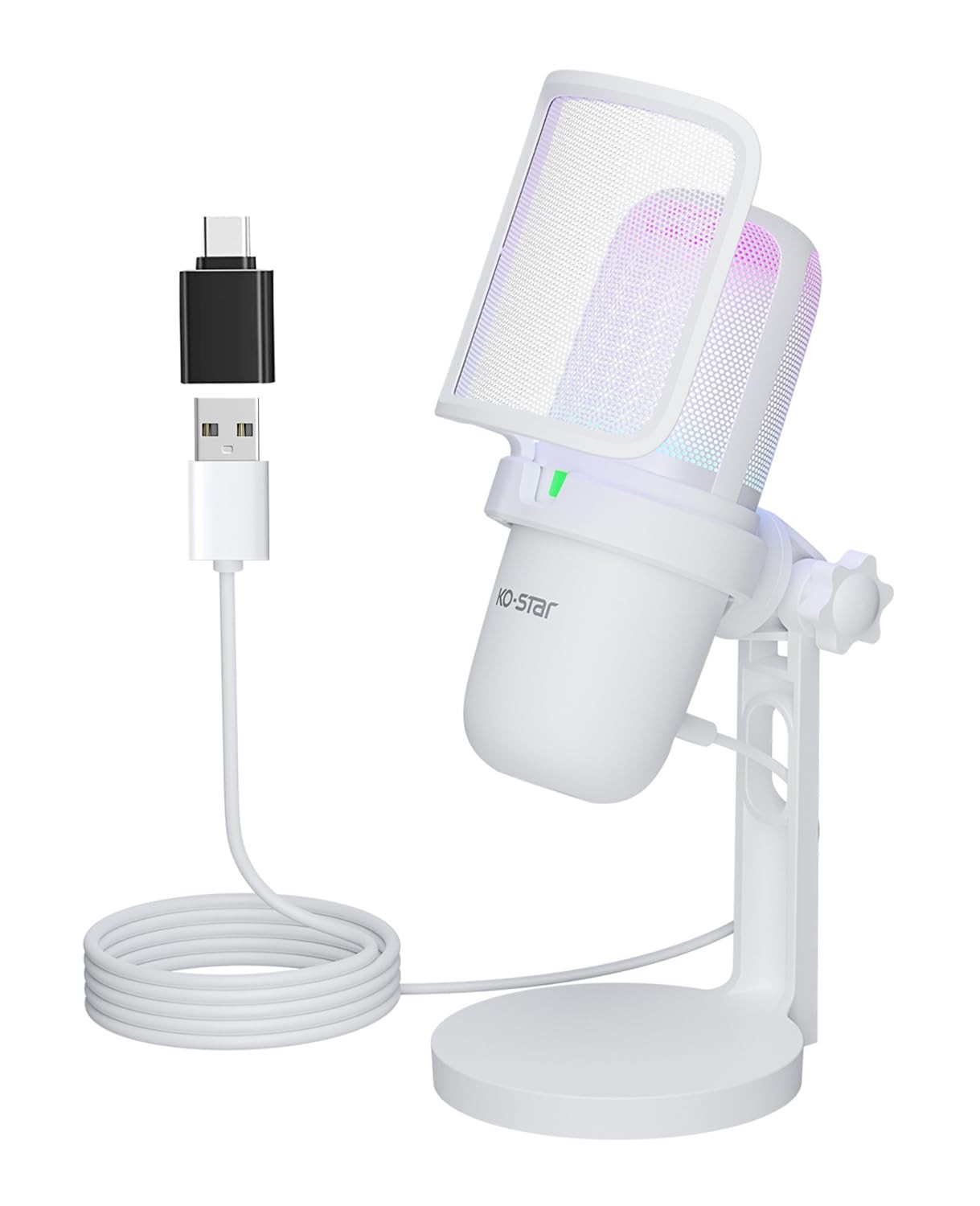 USB Microphone, White Gaming Mic with RGB Light, Touch Mute, Pop Filter, Card...