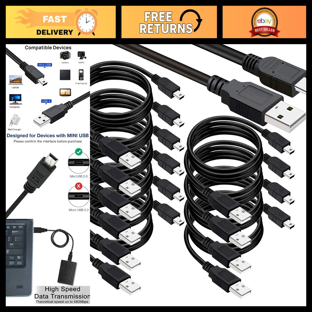 10 Pack USB 2.0 A to Mini B Cable 3ft - High-Speed Data Transfer, Black