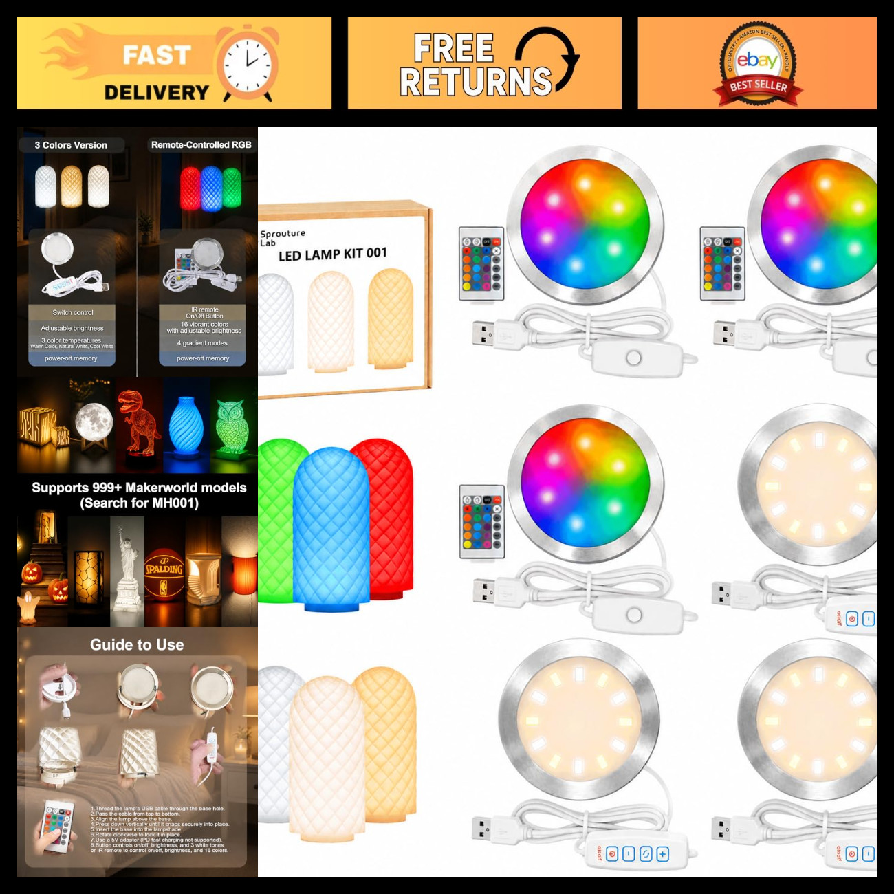 6-Pack LED Lamp Kit - 3 Three-Color & 3 RGB Lights for 3D Printer DIY, USB Power