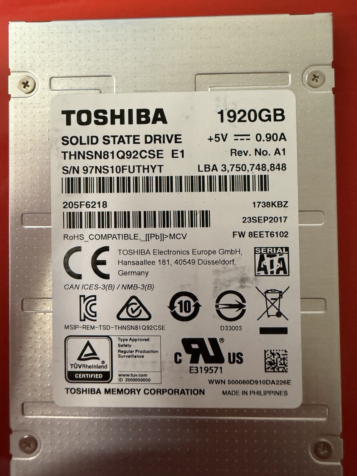 Toshiba THNSN81Q92CSE 1920GB SATA 2.5 Solid State Drive 97%+ Health