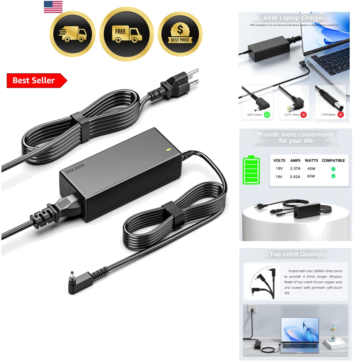 65W 19V 3.42A Laptop Charger Fit for Acer Chromebook 15 14 13 11 R11 CB3 CB5 ...