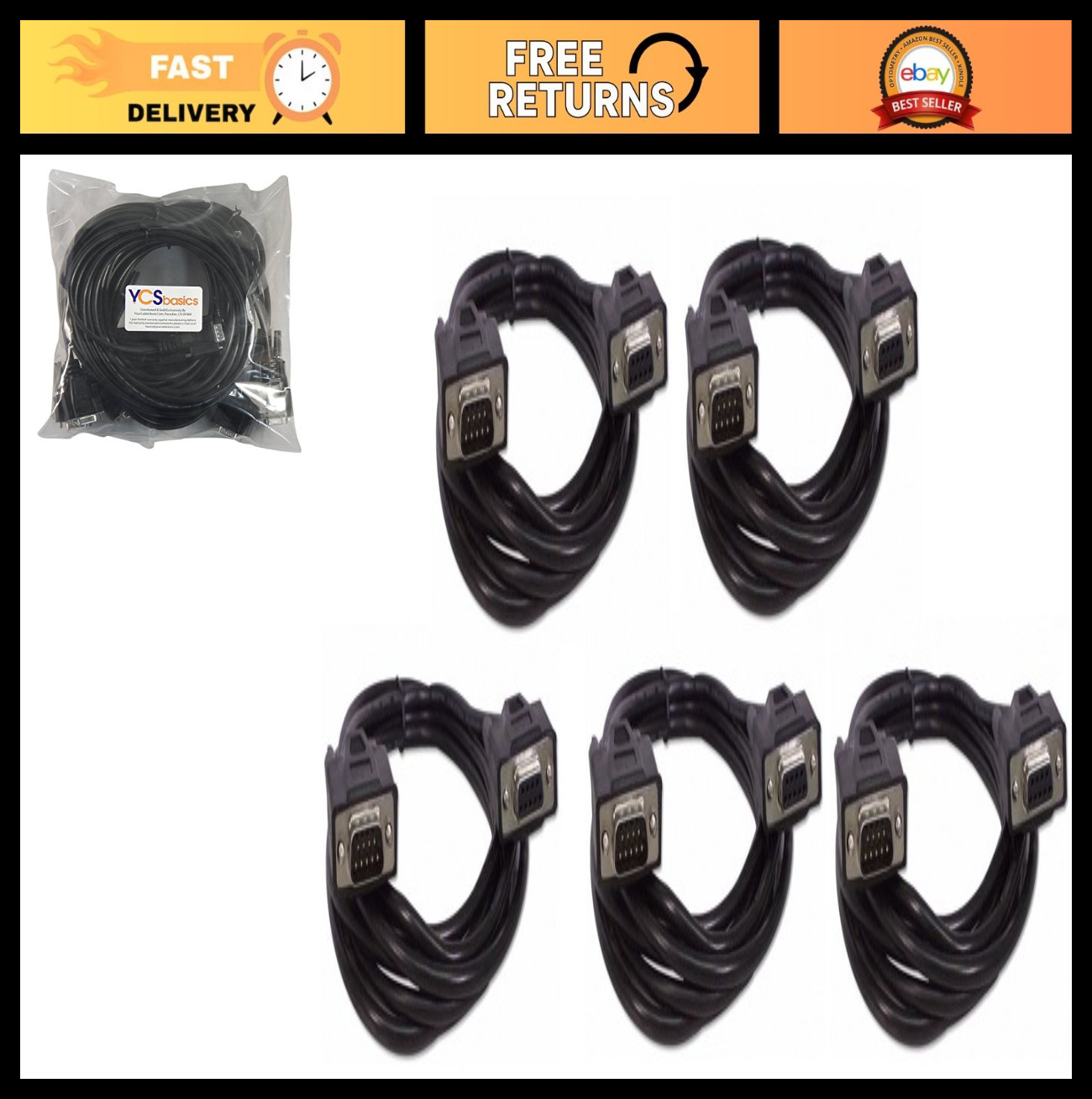 5-Pack 10ft DB9 9-Pin Serial RS232 Male/Female Extension Cables - Black