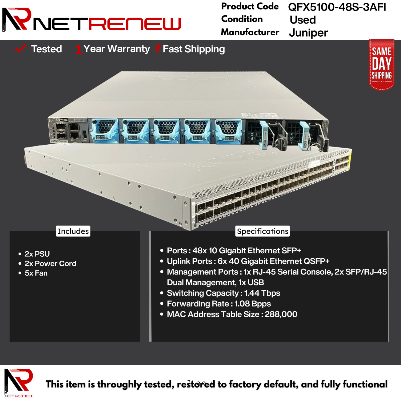 QFX5100-48S-3AFI Juniper  48 Port SFP+ 6 QSFP+ 2x SFP/RJ-45 Switch