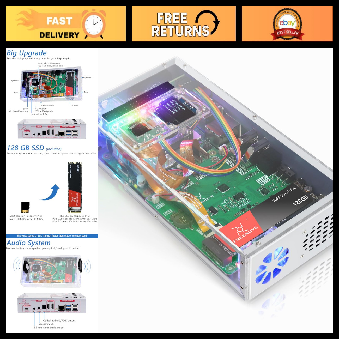 Raspberry Pi 5 Case Kit with Cooling Fan, 128GB NVMe SSD, 5MP Camera, OLED Scree