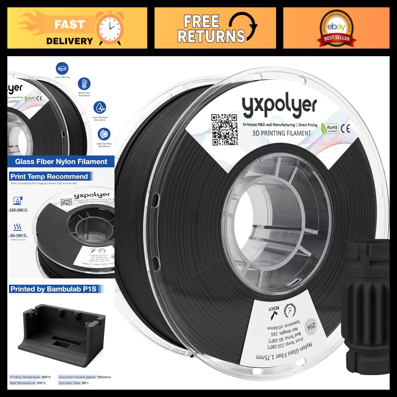 Nylon Glass Fiber 3D Printer Filament PA6-GF 1kg - Durable, High Strength, Reusa