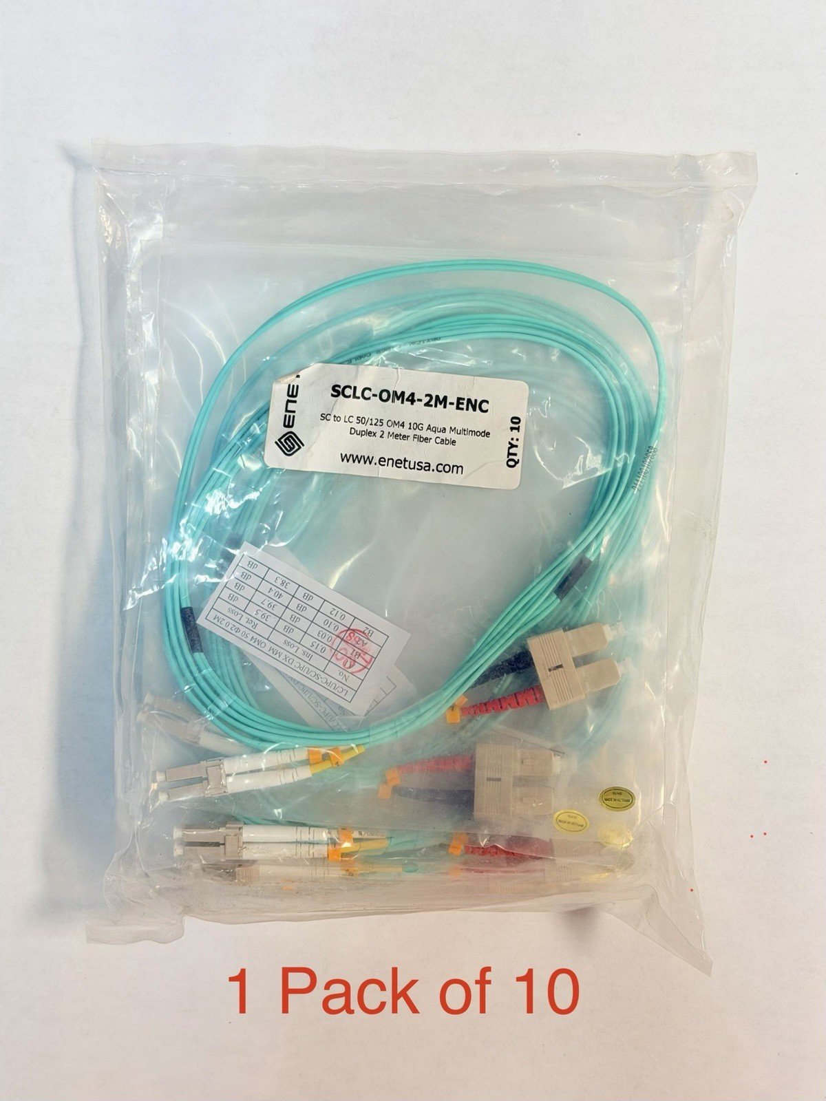 Lot Of 10 ENET 2M SC/LC Duplex Multimode 50/125 10Gb OM4 Aqua Fiber Patch Cable