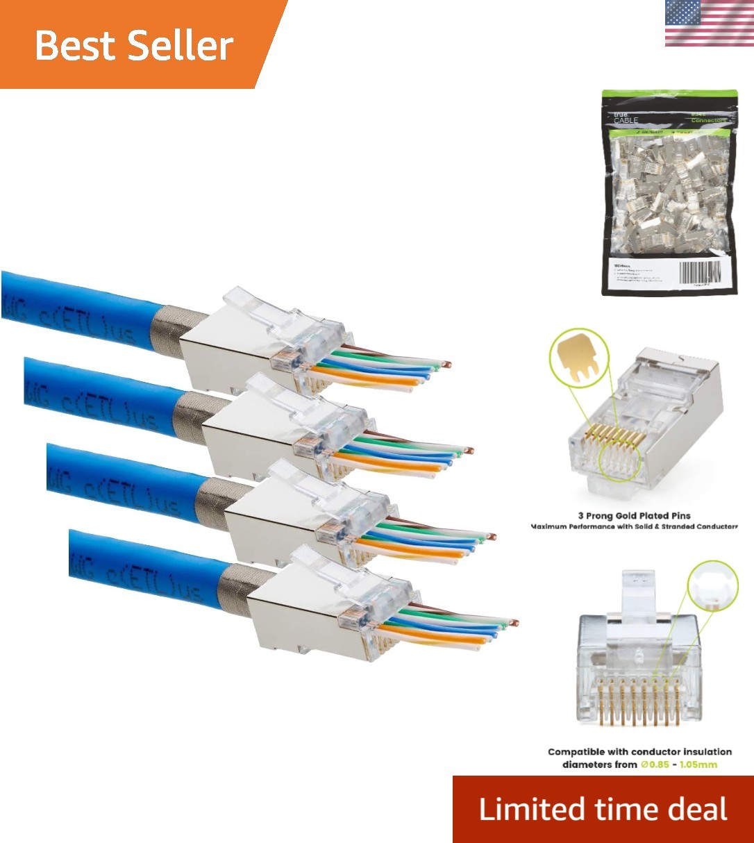 Cat6/6A RJ45 Pass Through Modular Plugs, Shielded STP External Ground Connect...