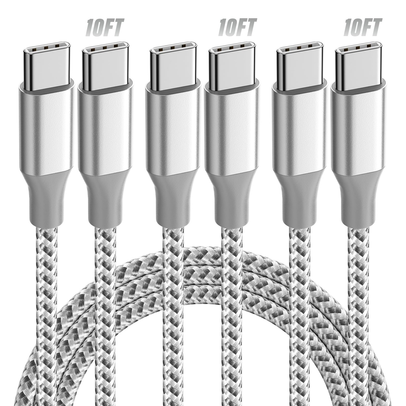 KYEHD USB C Cable，3 Pack 10FT 60W Fast Charging C to 10 feet, Grey white 