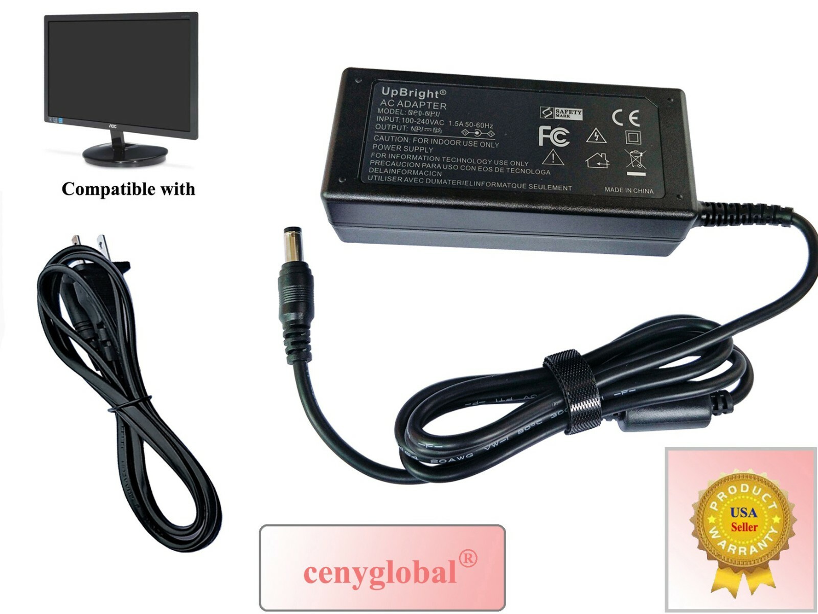 12V AC Adapter for AOC LED LCD Monitor 16" 20" 22" 23" 23.8" 24" 27" inch Series