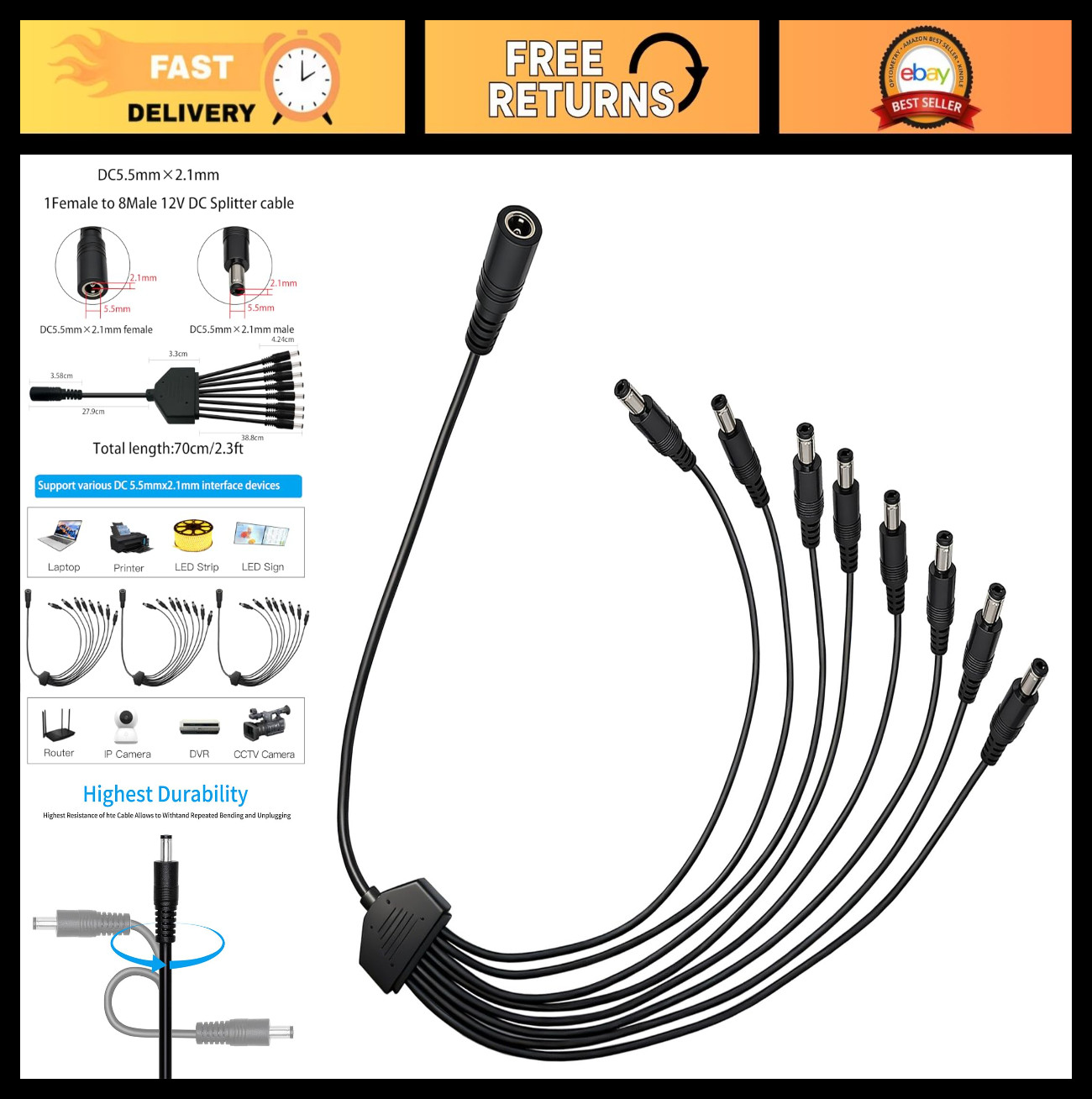 Power Splitter Cable 5.5x2.1mm 3-Pack, 1 to 8 Way 18AWG 12V/24V 10A for CCTV, DV