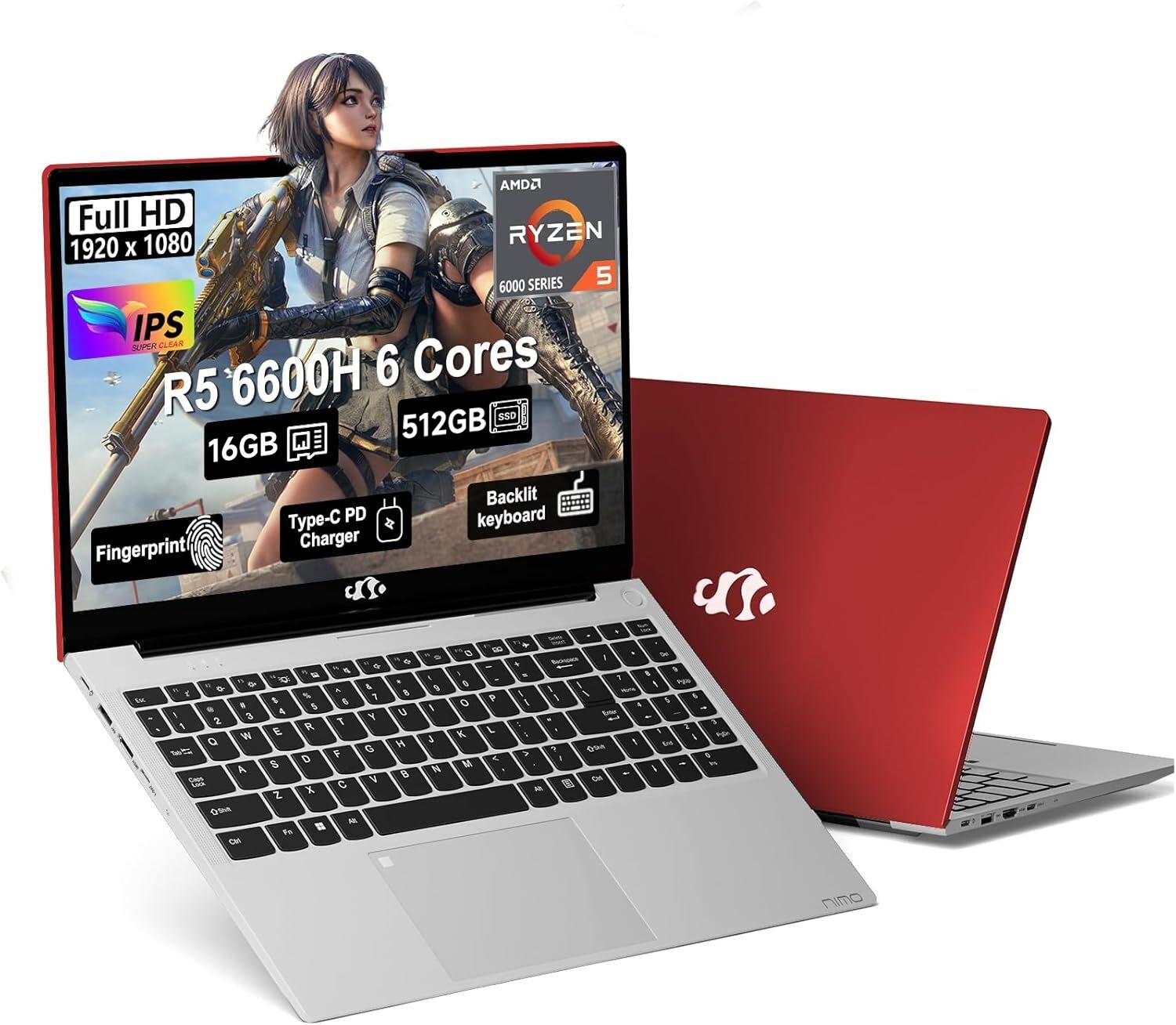 NIMO 15.6'' Light Gaming-Laptop 6-Cores AMD Ryzen 5 6600H 16GB DDR5 512GB SSD