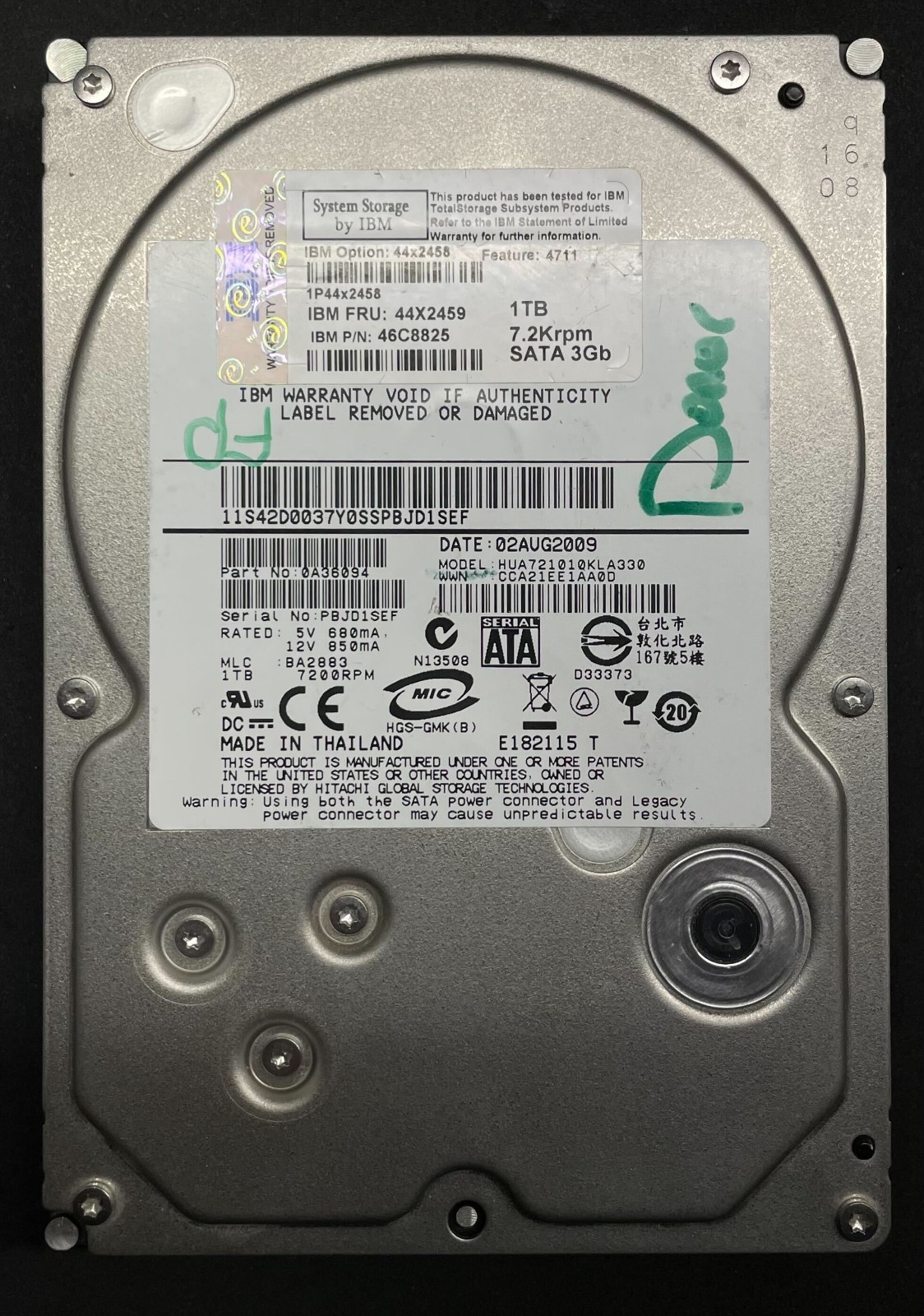 IBM 1TB 7.2krpm SATA 3gb HUA721010KLA330 Hard Drive DONOR DRIVE