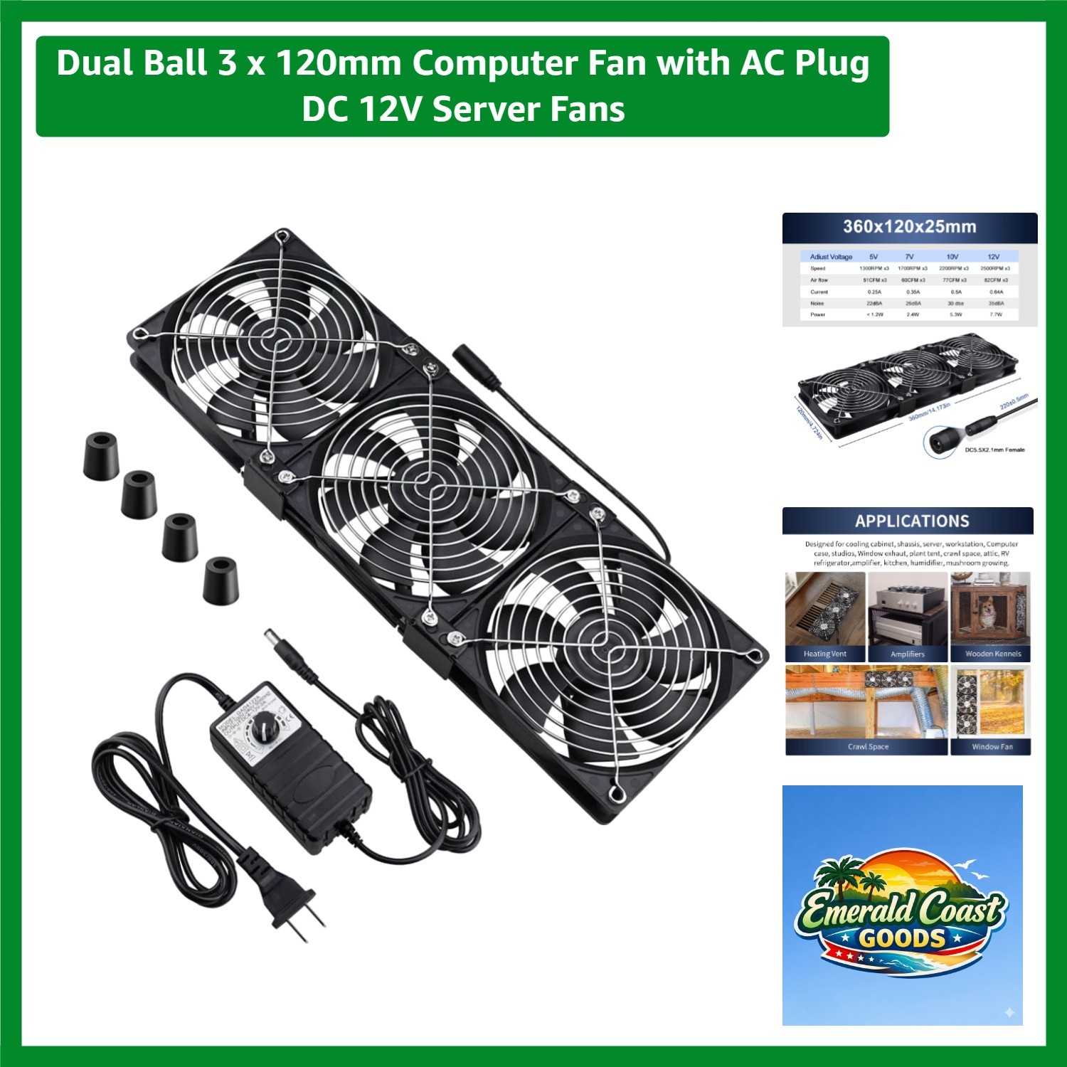 Dual Ball 3 x 120mm Computer Fan with AC Plug DC 12V Server Fans