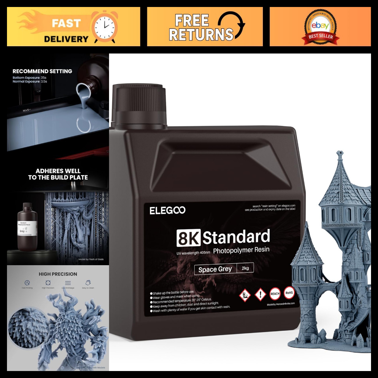 8K High-Precision 3D Printer Resin - Space Grey, 2000g, Upgraded Formula