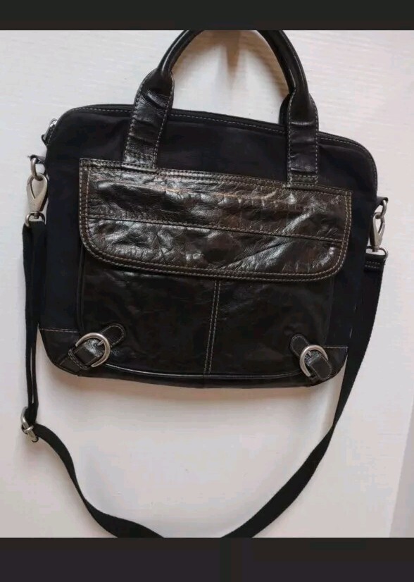 Vintage Fossil Black Leather  Canvas Crossbody Laptop Rugged Bag Men Travel 