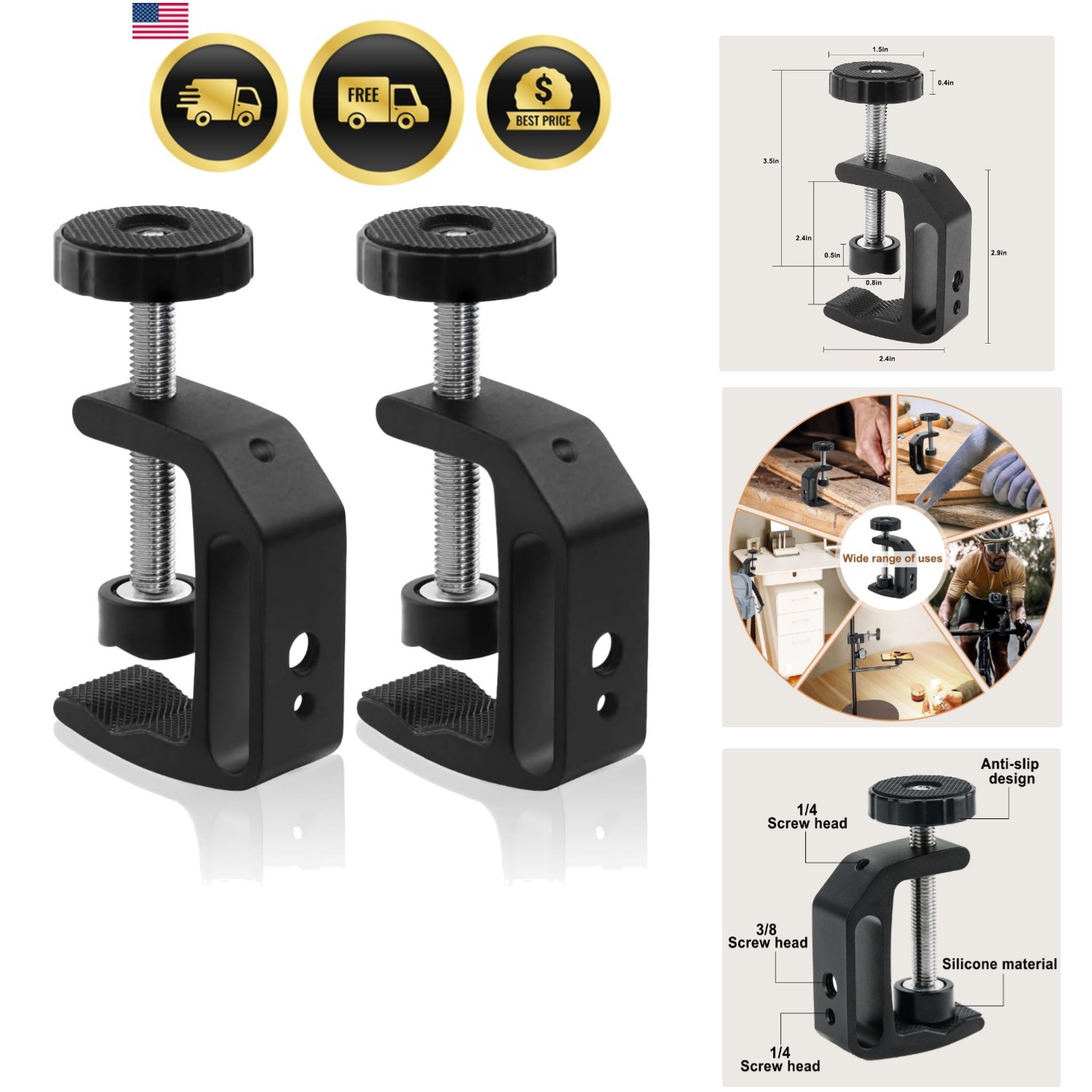 Universal C-Clamp Set for Desk Mount LCD Monitor Flash Worktables 2pcs