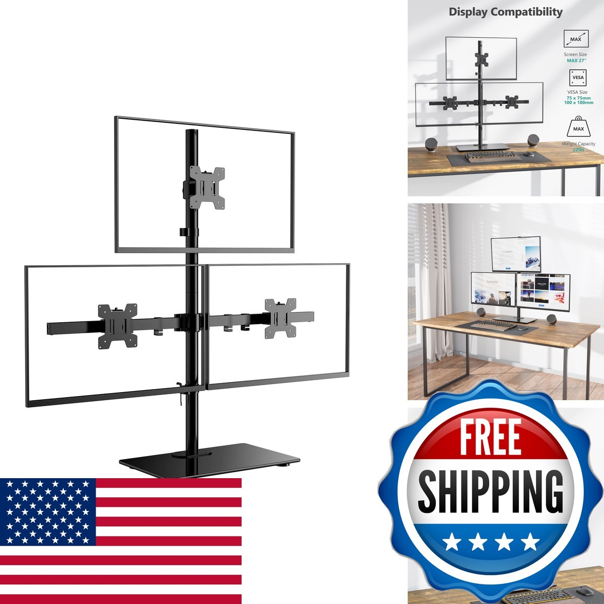 WALI Triple Monitor Stand, Height Adjustable Free-Standing Monitor Desk Mount