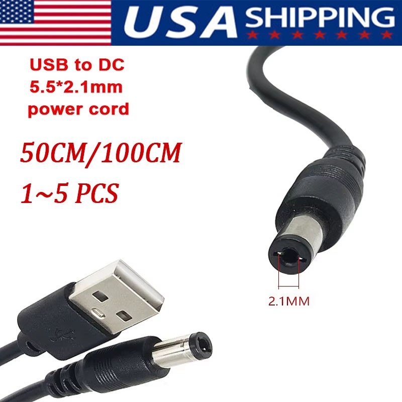 50cm/100cm USB to 5.5mm x 2.1mm Male Coaxial Barrel 5V DC Power Cable