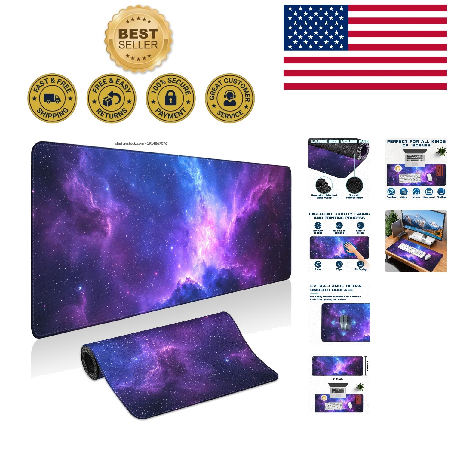 Durable Galaxy Space Gaming Mousepad - Large Non-Slip Pad 31.5" x 11.8"