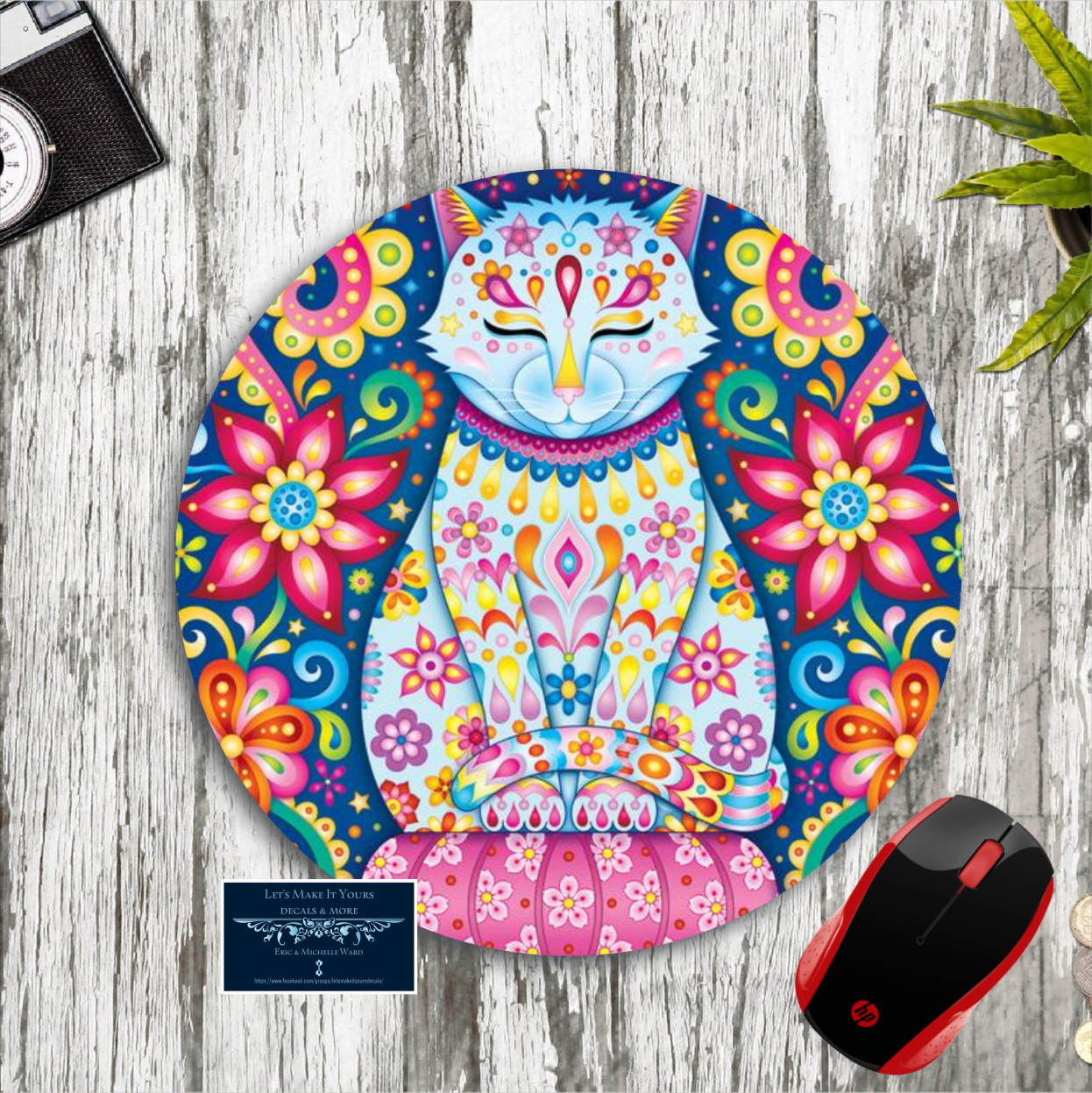 FLORAL SUGAR SKULL KITTY CAT ART CUSTOM ROUND NEOPRENE MOUSE PAD DESK MAT