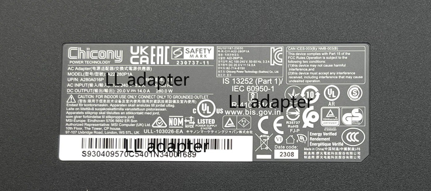 Slim Chicony 20V 14A 280W AC Adapter Charger For MSI Vector 16 HX A14VFG-246US