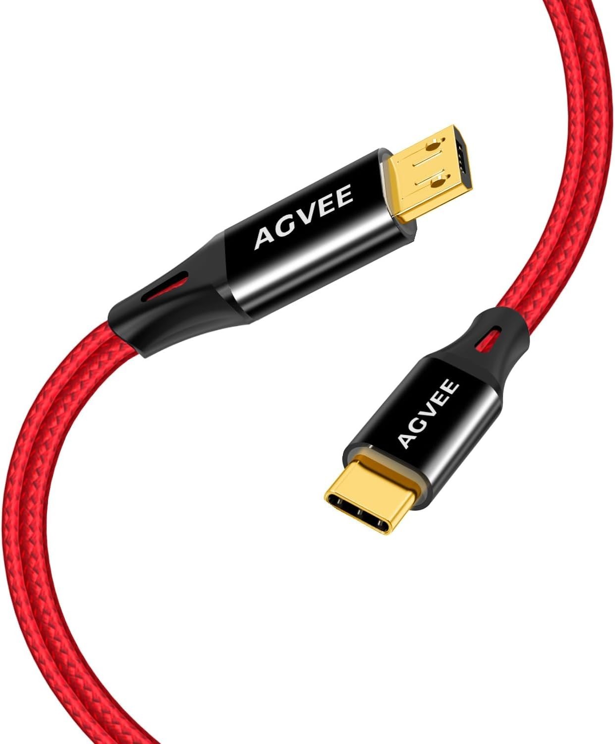 AGVEE 2 Pack 1ft USB-C to Micro USB Cable, Gold Plated End Tips, 1ft+1ft, Red