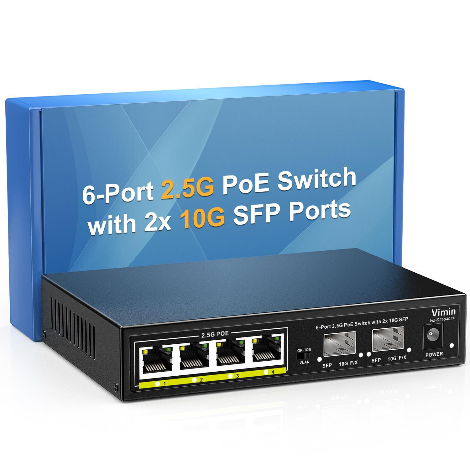 VIMIN 6-Port 2.5G PoE Switch Unmanaged, 4X 2.5Gbase-T Poe Ports, 2X 10Gbps SFP