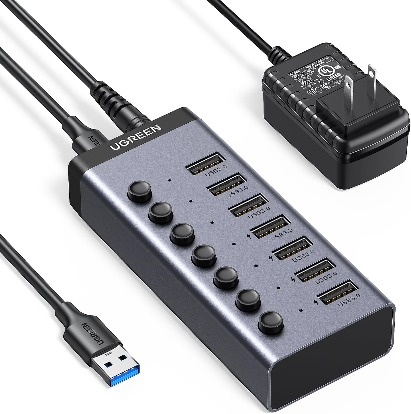 UGREEN Powered USB Hub 3.0, 7-Port USB Adapter with 4 Smart Charging Ports, USB