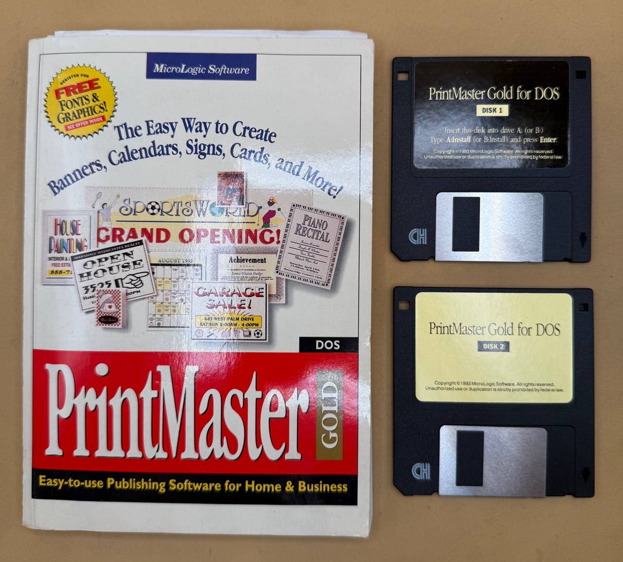 PrintMaster Gold for DOS 2 Disks + User's Guide MicroLogic 1993 TC