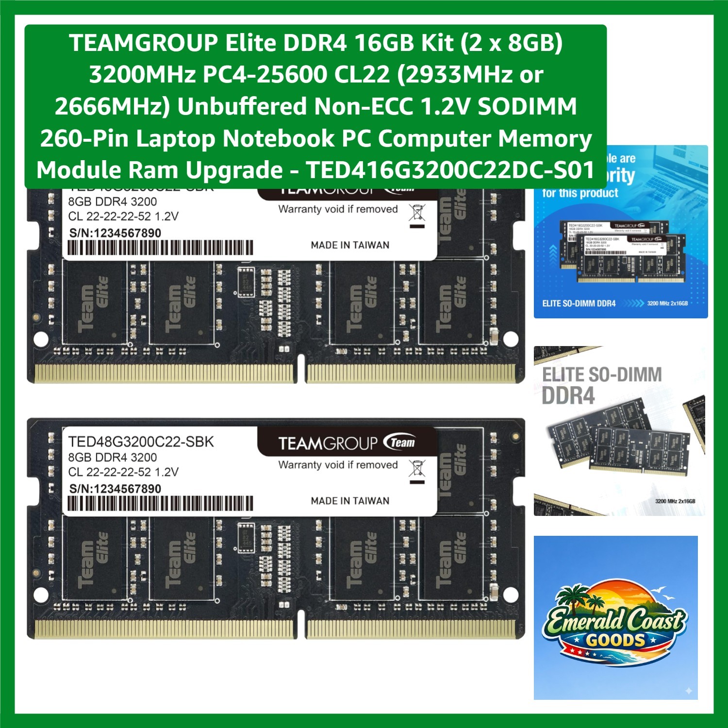 Elite 16GB Kit 2 x 8GB 3200MHz PC4-25600 CL22 2933MHz or 2666MHz Unbuffered N...