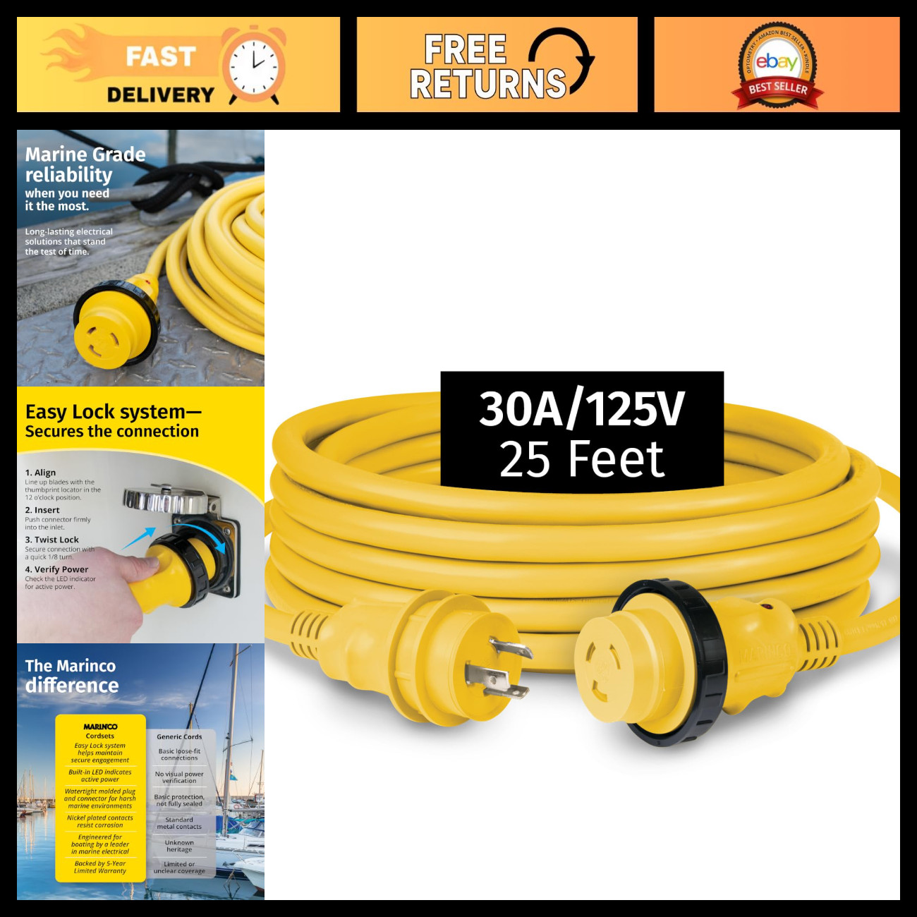 30A 125V Shore Power Cordset - 25ft Heavy Duty Yellow Marine Power Cable