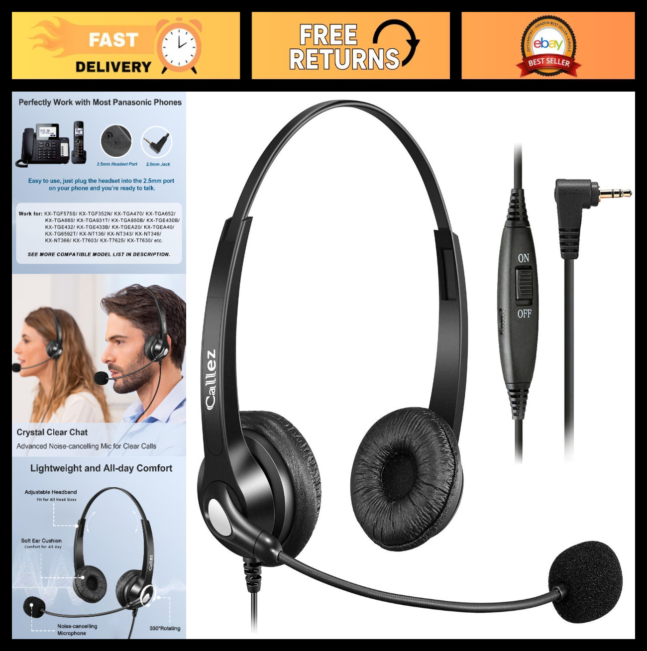 Noise Cancelling 2.5mm Headset with Microphone & Volume Control for Office Phone