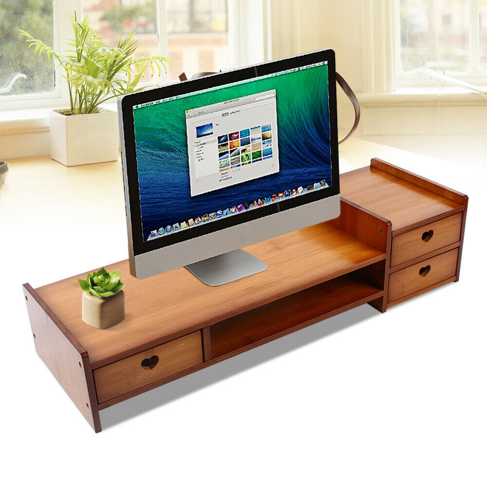 Sturdy Bamboo Wood Monitor Stand Riser w/ Drawer - Desk Storage Organizer