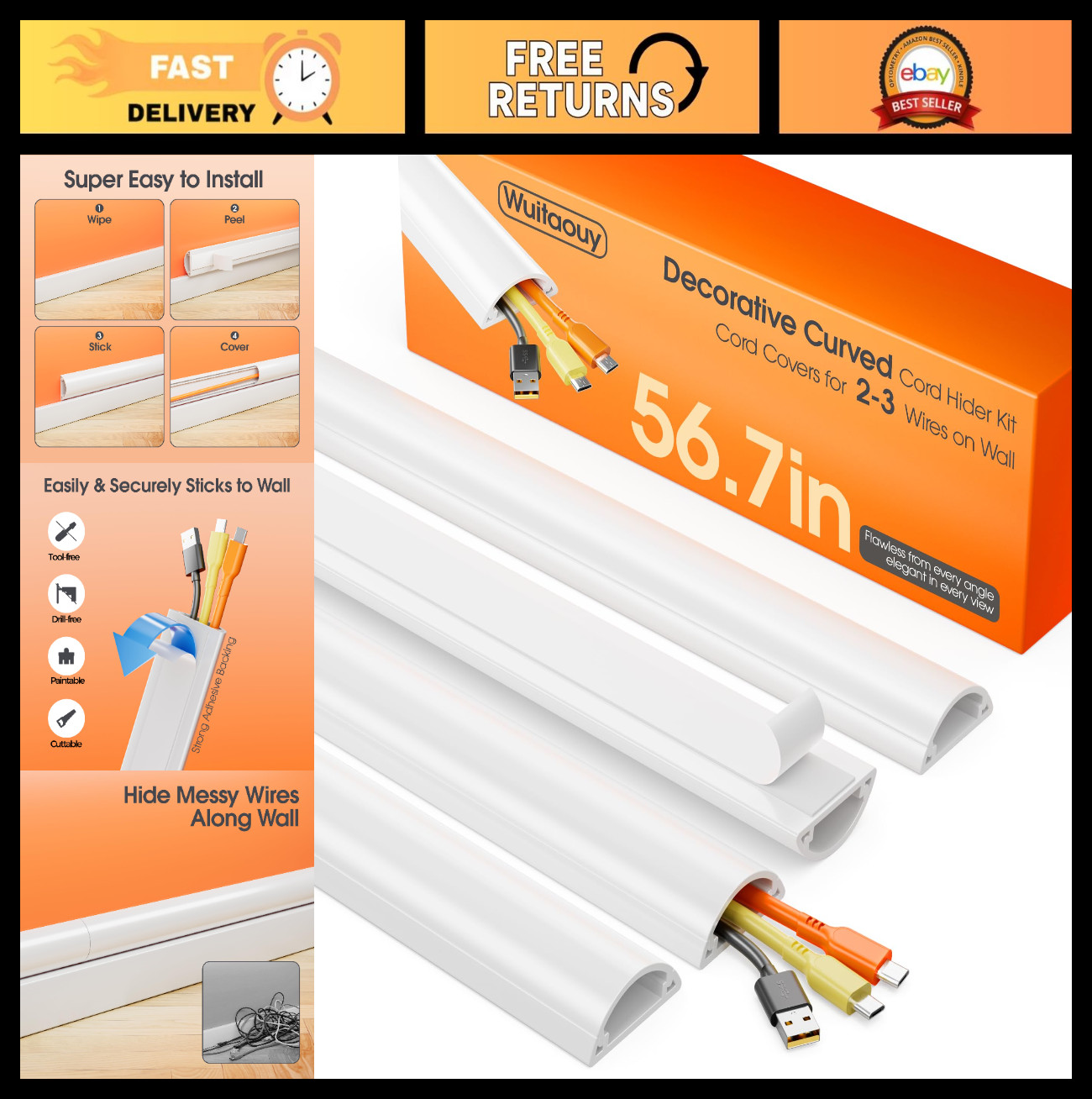 56.7in Cord Hider Kit - Paintable Cable Covers for 2-3 Wires, Wall Raceway, Whit