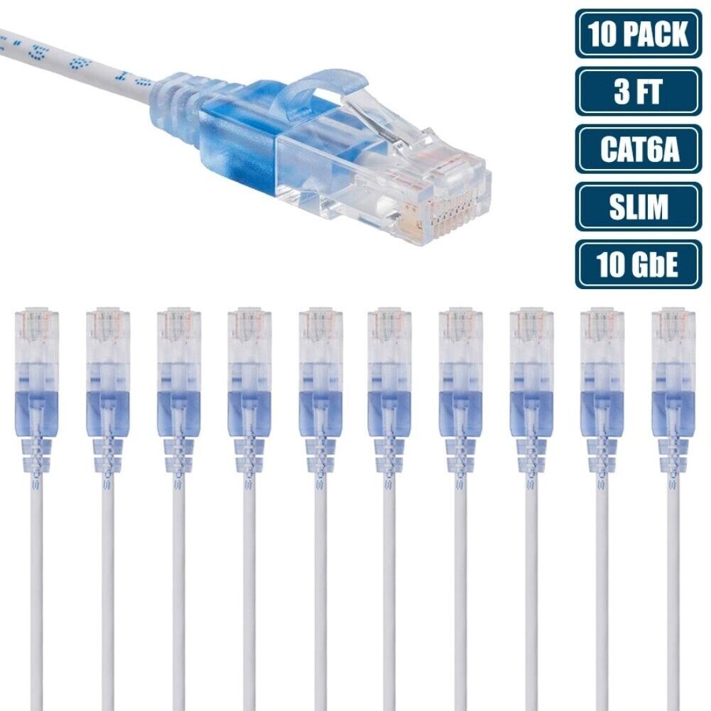 10x 3FT CAT6A RJ45 Ethernet LAN Network Patch Cable Slim Cord 30AWG Router White