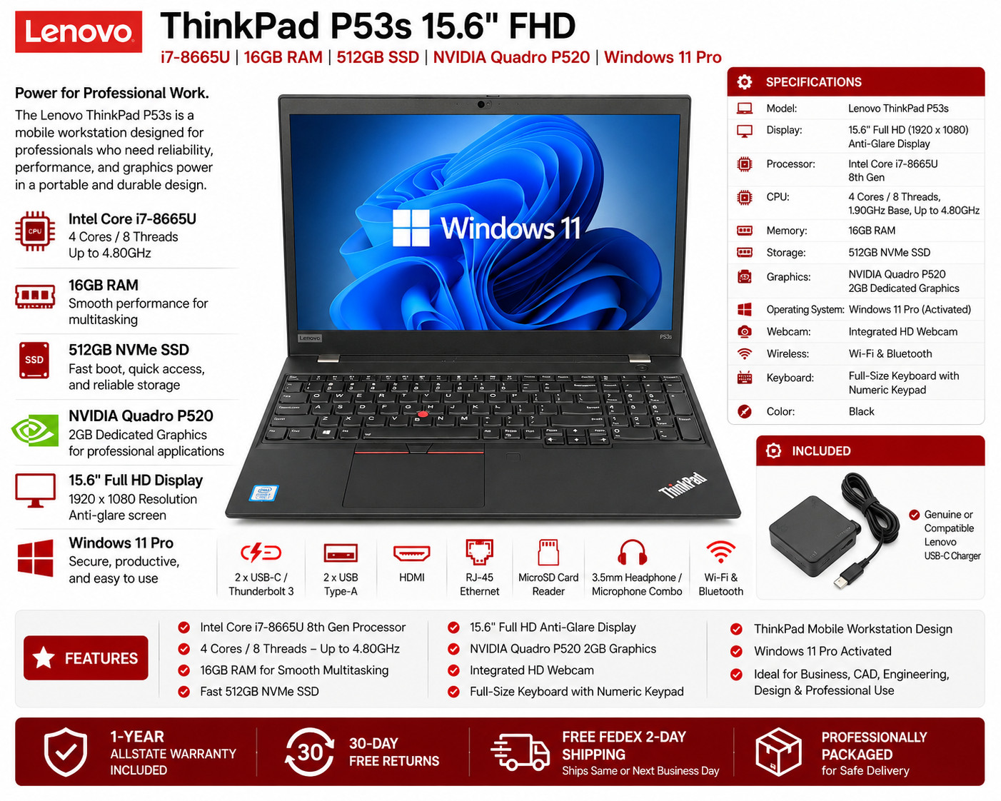 Lenovo ThinkPad P53s 15.6" FHD i7-8665U 16GB 512GB SSD Win 11 Pro