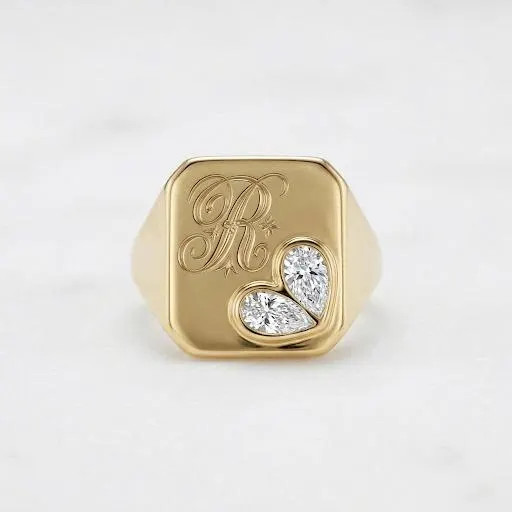 Heart Diamond Initial Signet Ring, Personalized Monogram Ring, Romantic Initial